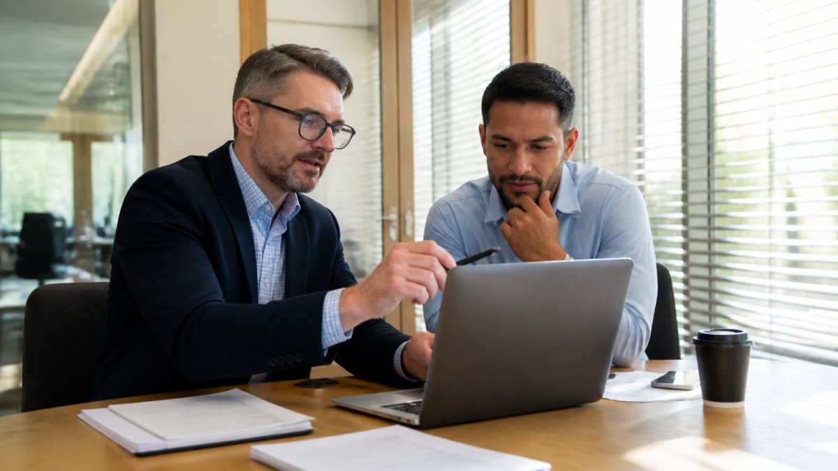 A business owner and an IT consultant reviewing a technology roadmap on a laptop in a modern office conference room, with printed notes and a coffee cup on the table, afternoon light through blinds