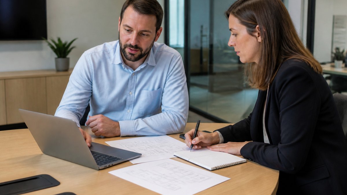 Two business professionals reviewing a laptop and printed network diagrams at a conference table in a bright office, one taking notes