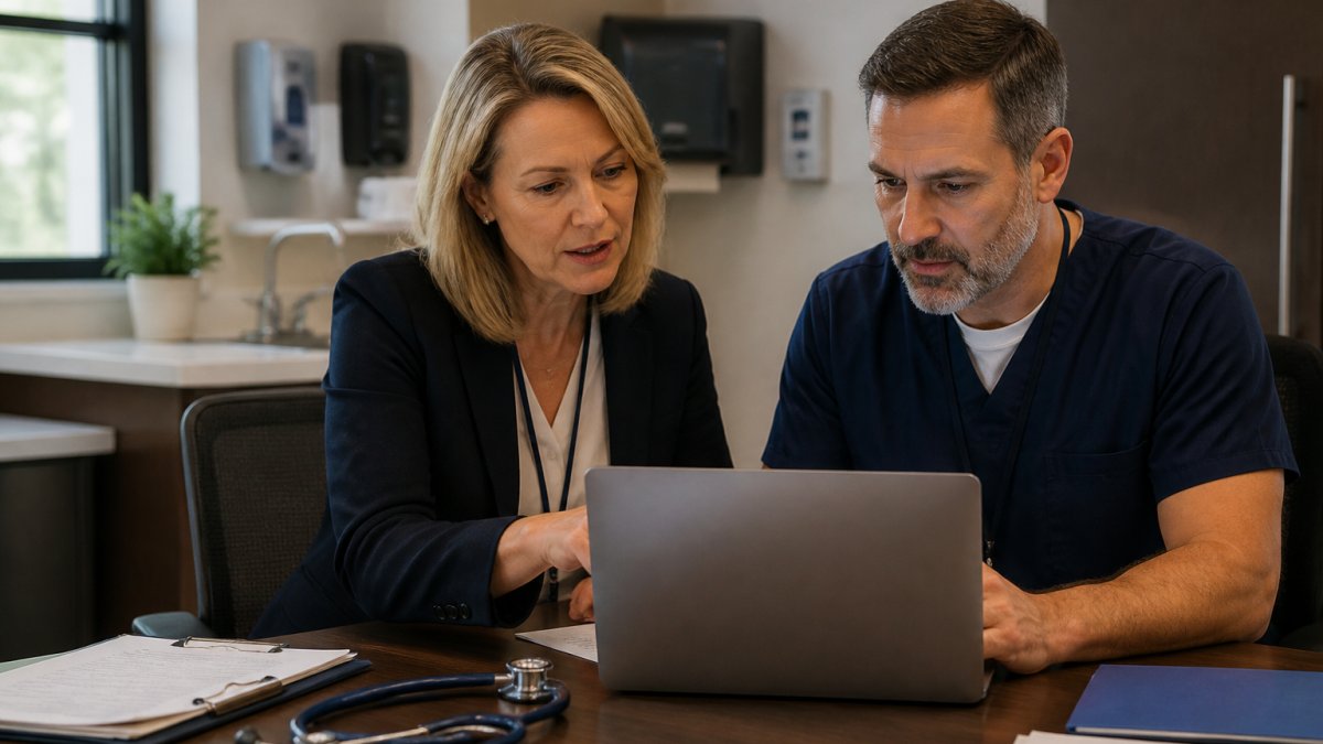 A healthcare compliance officer and IT specialist reviewing a risk assessment document on a laptop in a clinic office, warm overhead lighting, stethoscope on the desk