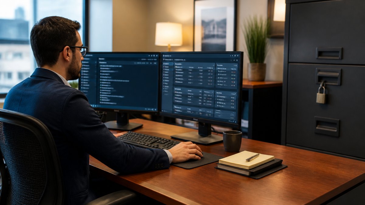 IT consultant monitoring security dashboards for managed IT support in a secure office environment.