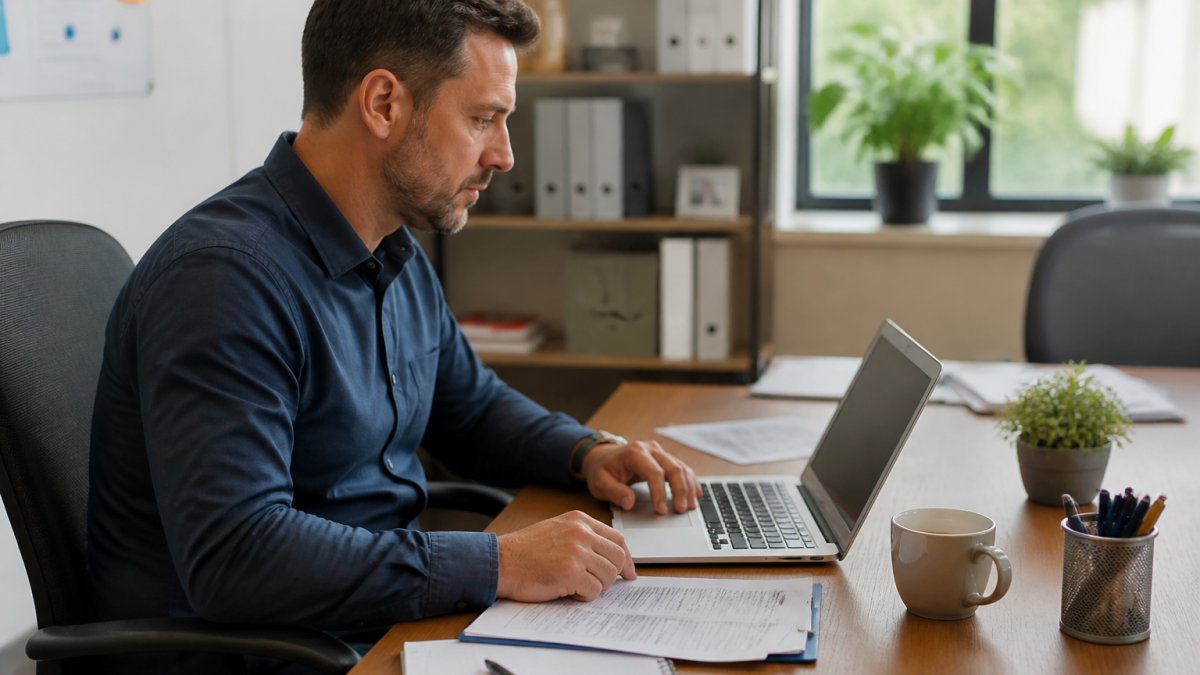 Business owner reviewing IT service options on a laptop at their desk with documents and coffee cup nearby, natural office lighting