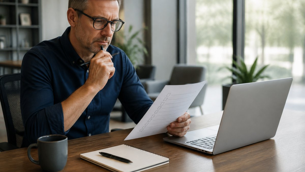 Business owner sitting at desk reviewing a checklist on paper while looking at a laptop screen, with a notepad and pen nearby, in a modern office setting with natural light from windows